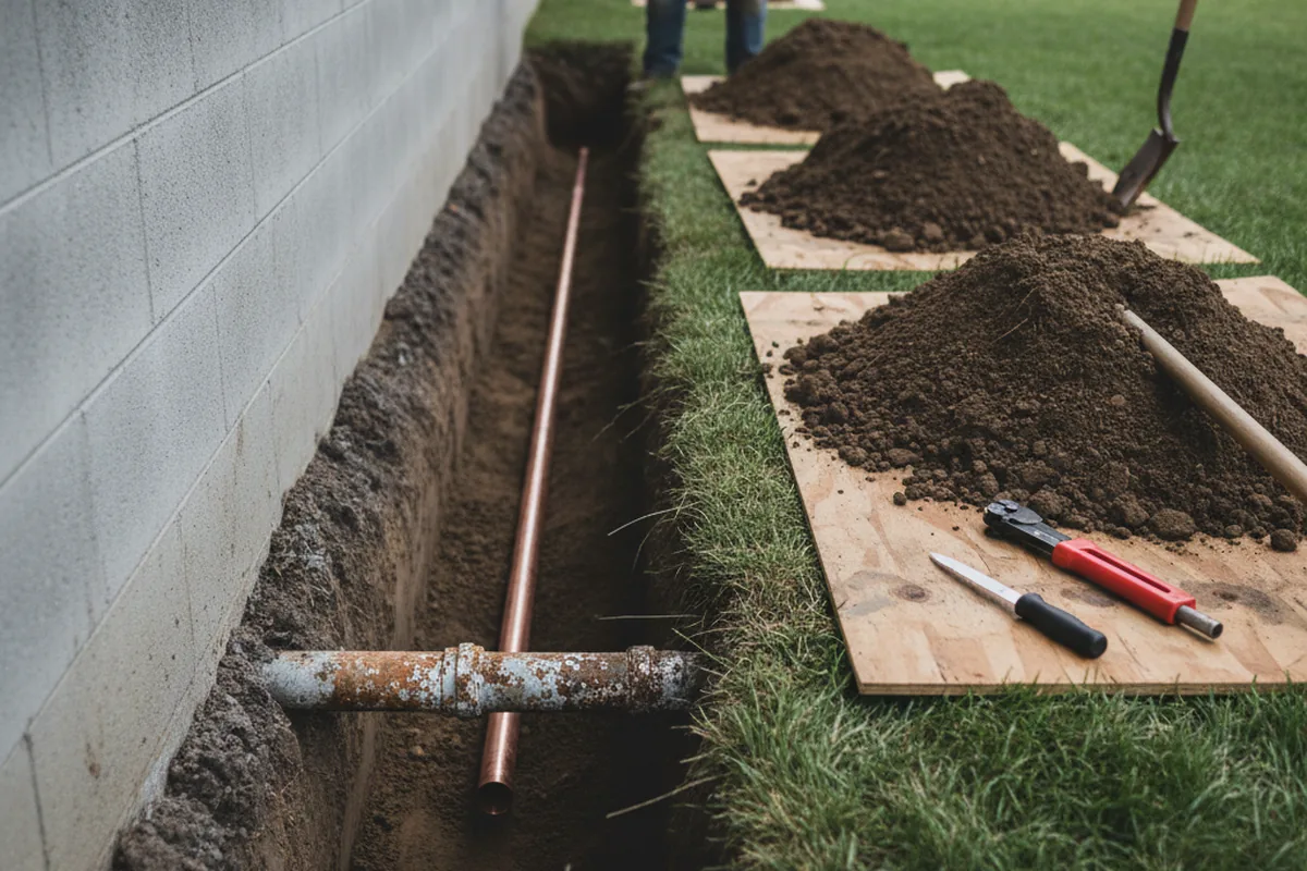 Excavated water line trench during Water Heater Repair in Coral Springs